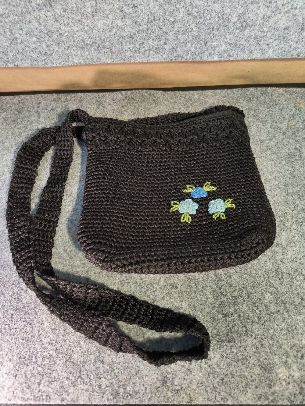 Chateau Handmade Black Crochet Shoulder Bag Floral Embroidered Boho Purse Zip